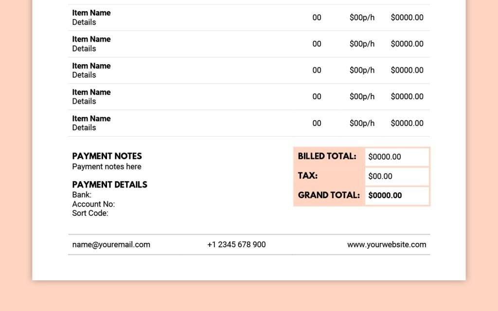 Invoice Template Zoomed in Details
